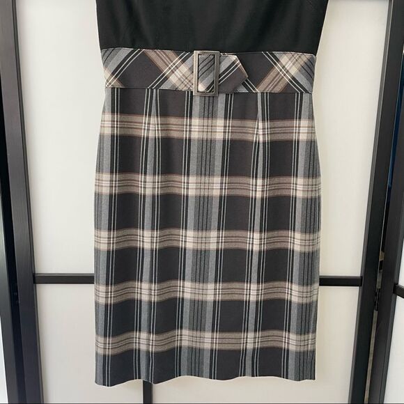[6] Evan Picone Neutral Tone Plaid Sleeveless Belted Midi Dress Black Tan & Grey - Picture 12 of 16